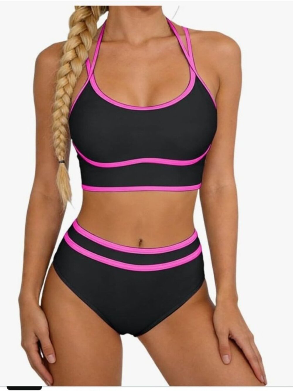 Anrabess Womens Large 2-Piece Color Block Bikini Set Halter High Waist Swimsuit